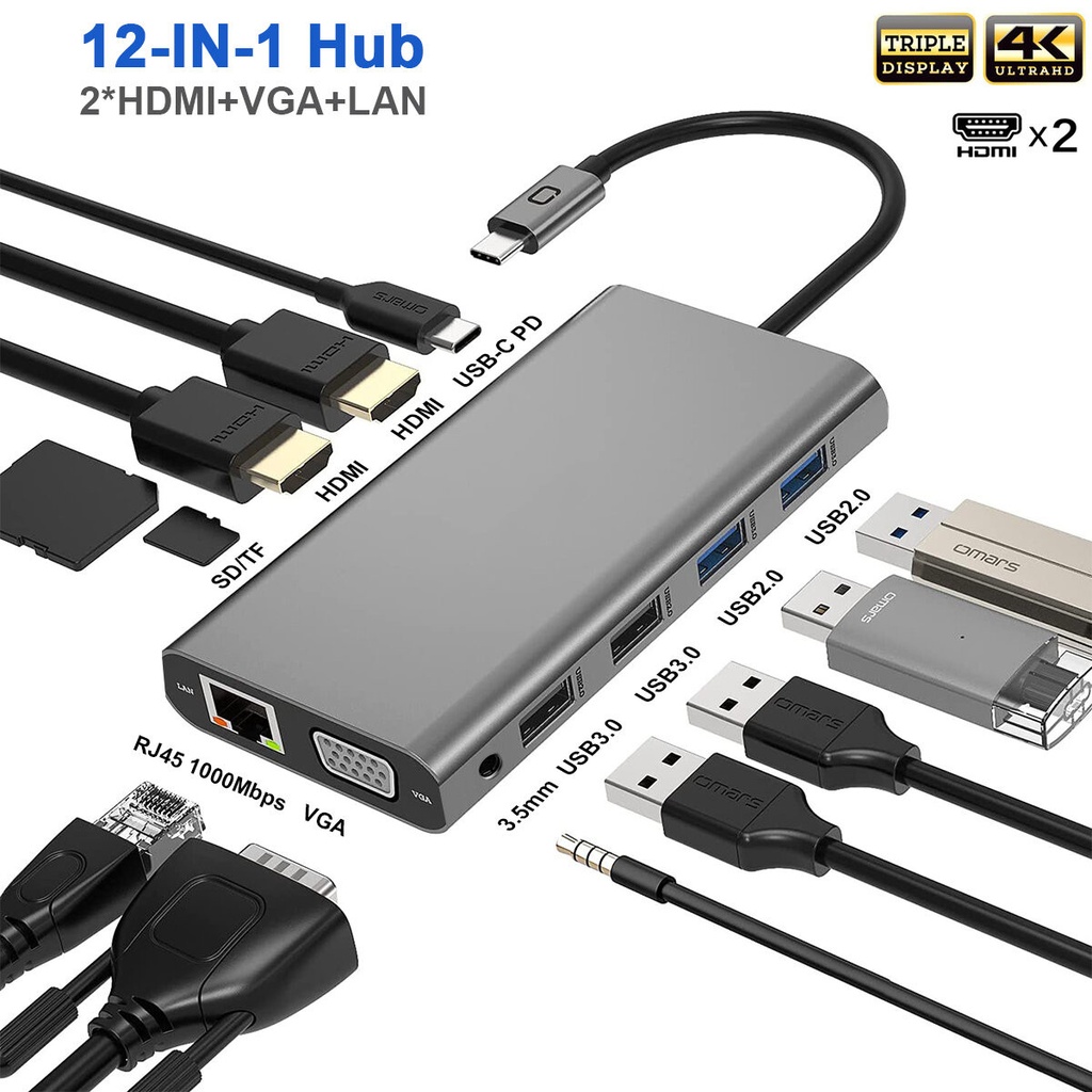 [4569] Buerotika 12-in-1 Type-C Multiport Converter – 2× HDMI 4K, VGA, USB 3.0/2.0, LAN, SD/TF, Audio | 52179